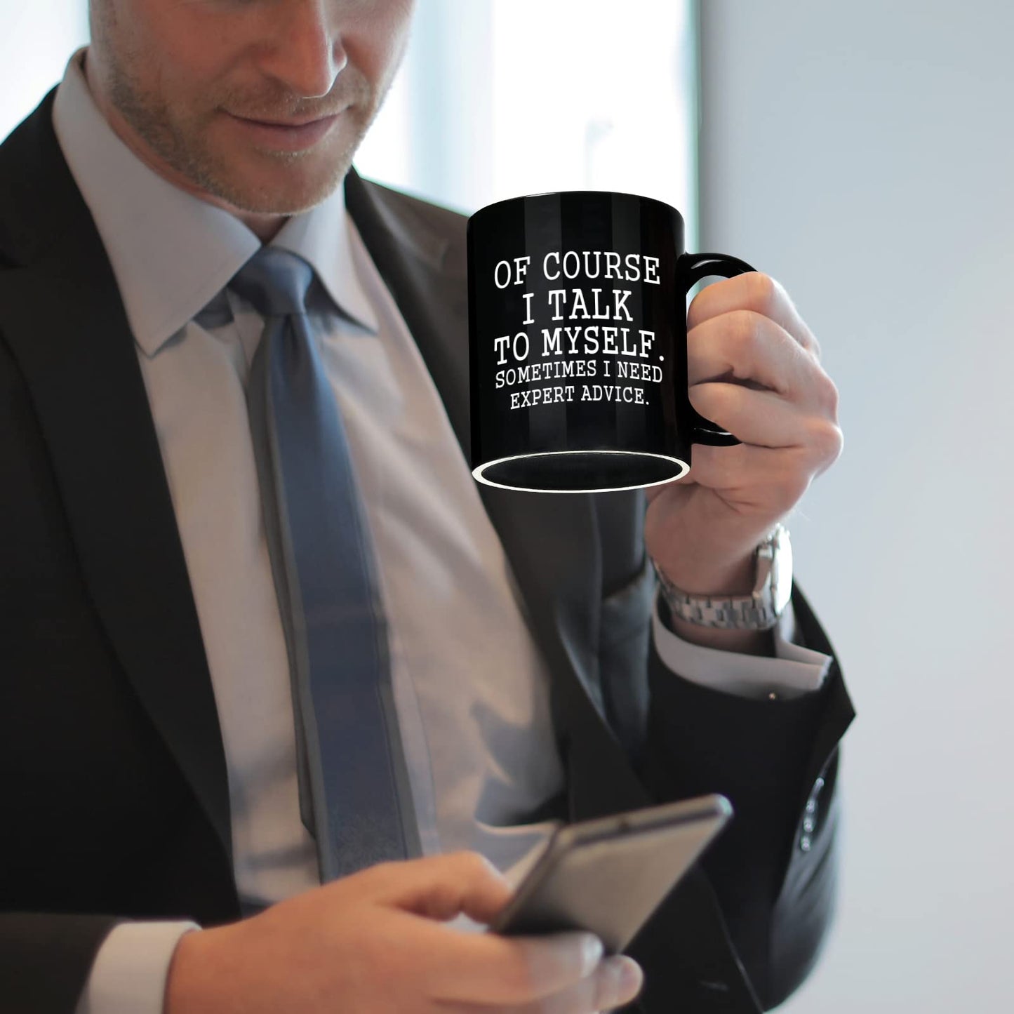 YHRJWN Funny Coffee Mug Of Course I Talk To Myself Sometimes I Need Expert Advice Novelty Gift for Coworker Friends Boss Christmas Thanksgiving Gifts for Men Women Ceramic Coffee Cup 11 Oz Black