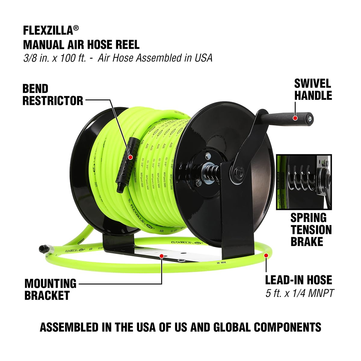 Flexzilla Manual Open Face Air Hose Reel, 3/8 in. x 100 ft., Heavy Duty, Lightweight, Hybrid, ZillaGreen - L8652FZ