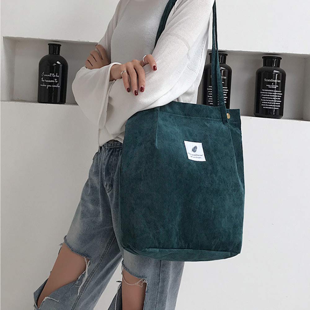 Funtlend Cord Bag Womens Large Corduroy Tote Bag Women Shoulder Handbags for School Shopping Work College Casual (Green)