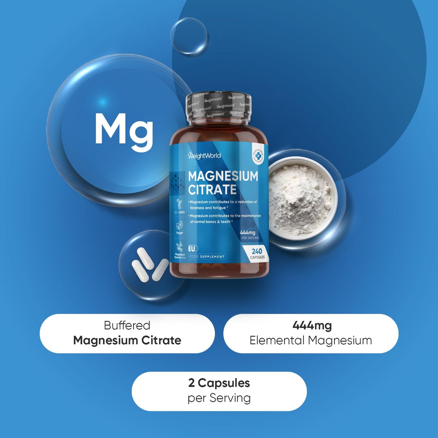 Magnesium Supplements | Magnesium Citrate Capsules (Buffered 30%) | 240 Vegan Capsules | Providing 444mg Elemental Magnesium | Lactose & Gluten-Free