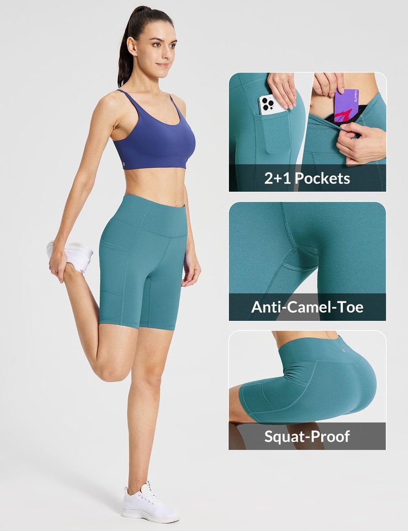 baleaf Biker Shorts Women Yoga Gym Workout Spandex Running Volleyball Tummy Control Compression with Pockets 8" Green L