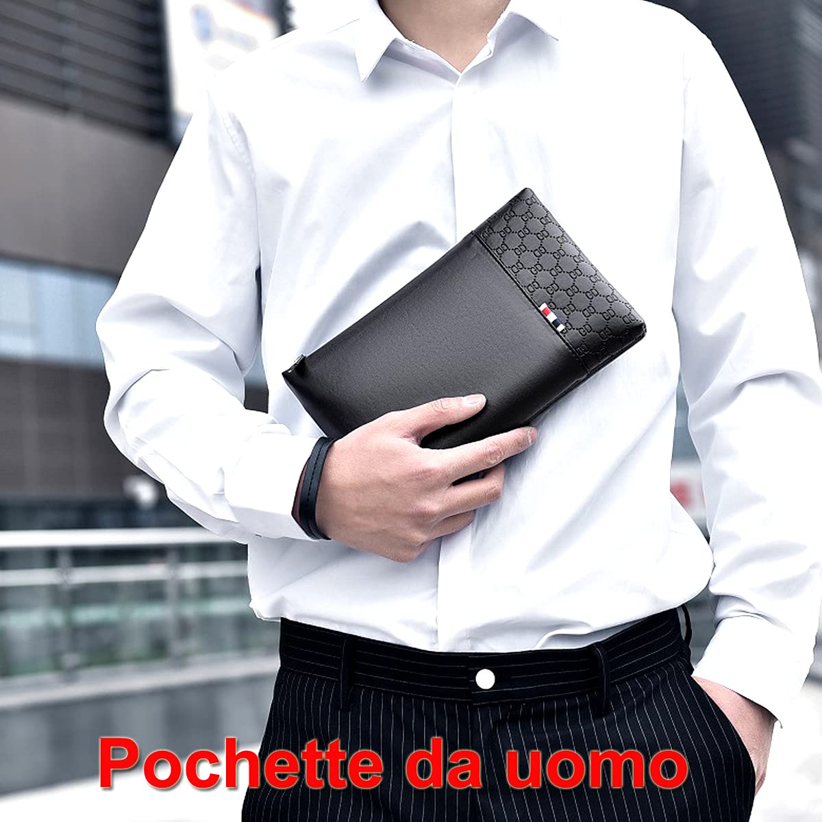 A-QMZL Clutch Bag Men's PU Leather Elegant Handbag Large Capacity Pochette Envelopes Handbags Card Slot Pockets Zipper Wallets Man with Strap Wrist Bag Business Casual Travel Office
