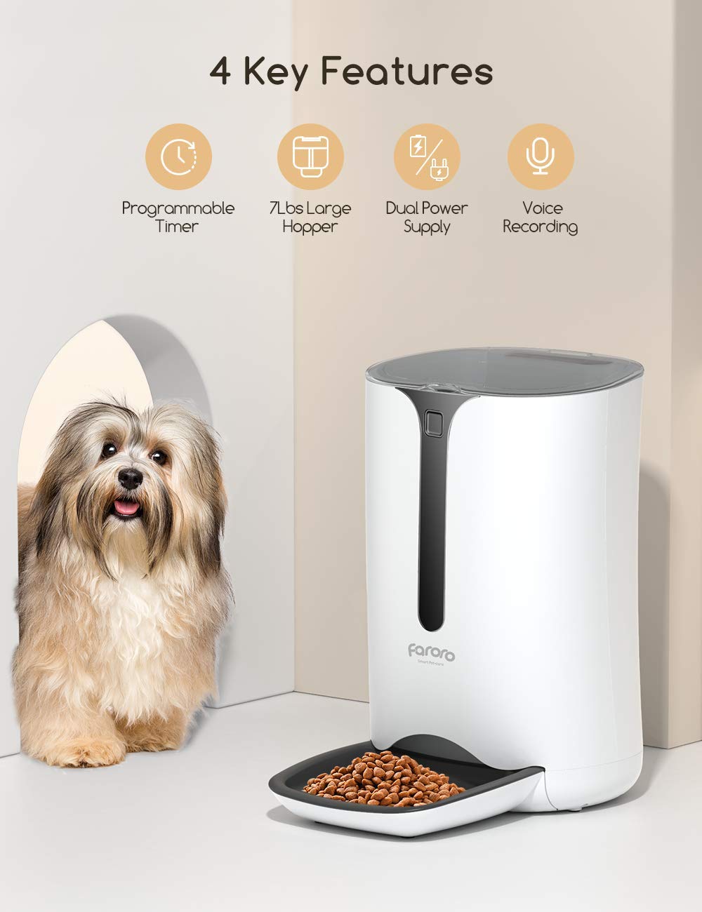 Automatic Cat Feeder, Faroro Dog Food Dispenser for Small Pets with Distribution Alarms, Portion Control, Voice Recorder and Programmable Timer for up to 4 Meals per Day