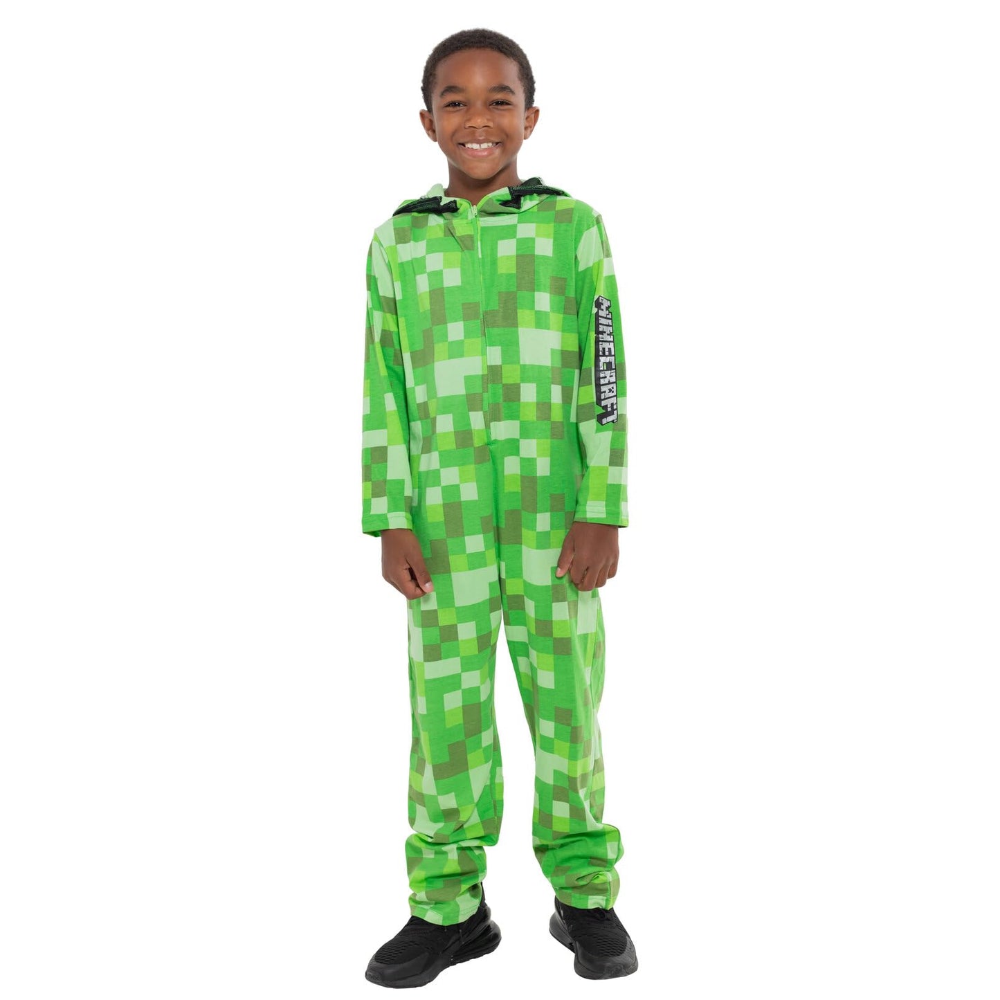 Minecraft Creeper Little Boys Cosplay Zip Up Coverall with Mesh Hood Mask Green 7-8
