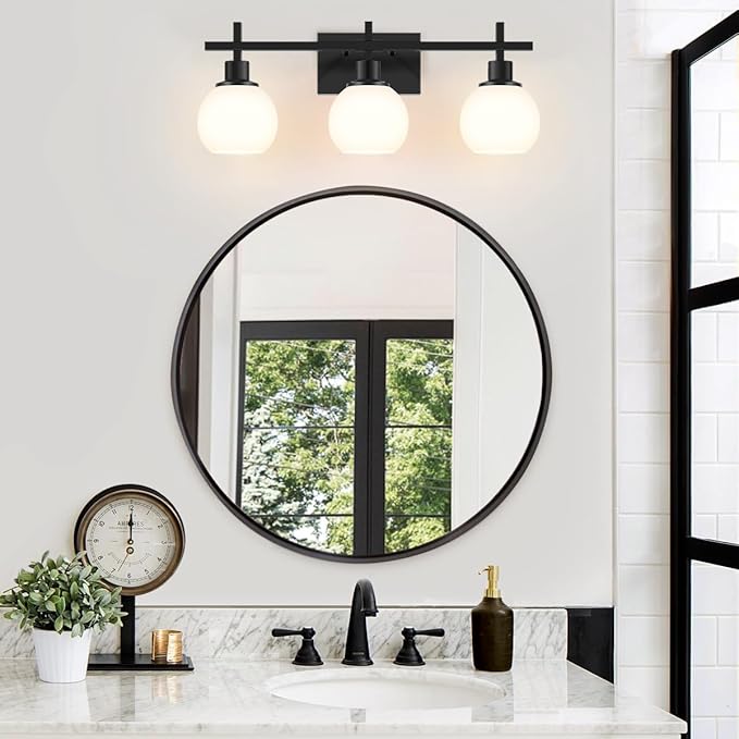 Modern Vanity Lighting Fixtures,3-Light Black Bathroom Lighting Fixtures Over Mirror,Bathroom Wall Mounted Vanity Light with Milky White Glass Lampshade for Living Room,Bedroom,Hallway
