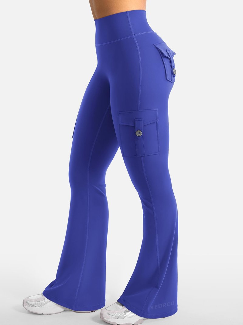 YEOREO CoreFlex Women Workout Flare Leggings with Pockets Hidden Scrunch Cargo Gym Yoga No Front Seam Leggings Dazzling Blue M