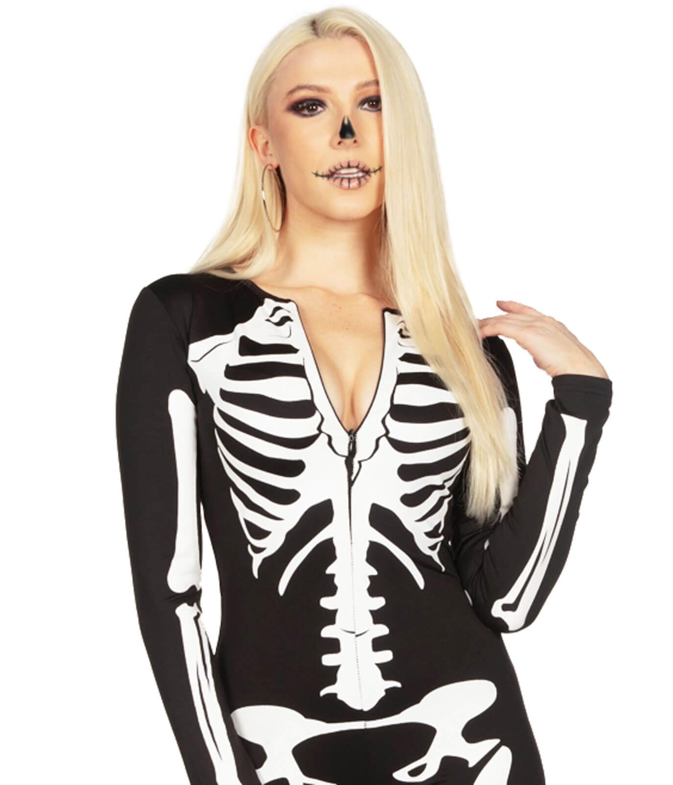 Tipsy Elves Form Fitting & Flattering Skeleton Bodysuit for Halloween - Women's Sexy Skeleton Costume - White, Size Medium
