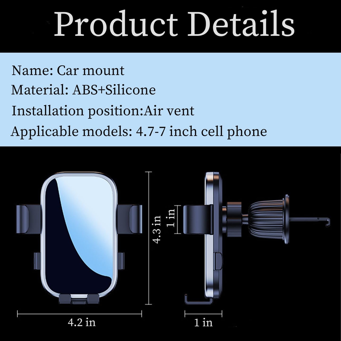 Car Cell Phone Holder with Metal Hook Clip, 360 Degree Rotating Air Vent Navigation Mount, Universal Base (Black and Silver)