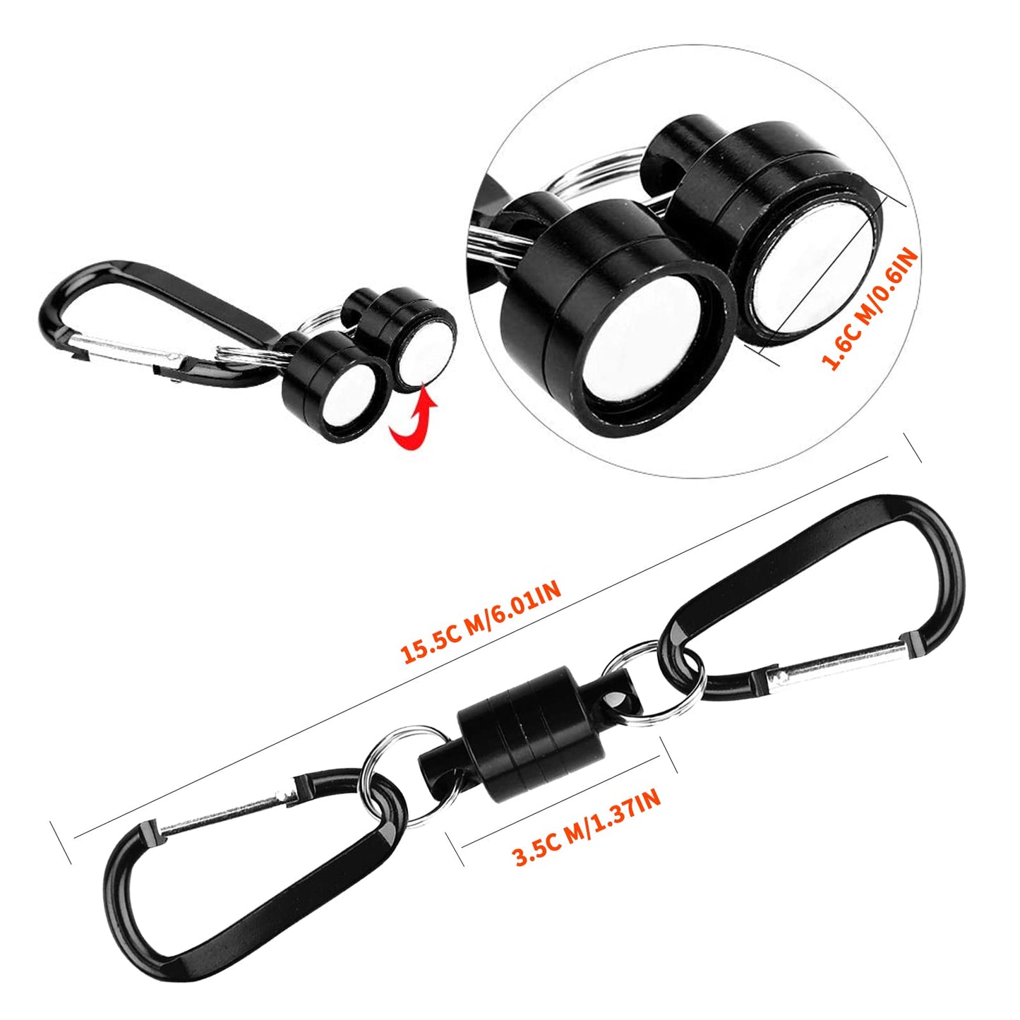 Magnetic Quick Release Keychain with 2 Pcs Aluminum D Ring Carabiners Landing Holder Screw Locking Buckle Hook D Shape Spring Snap Keychain Clips for Fly Fishing Magnet Metal Hooks