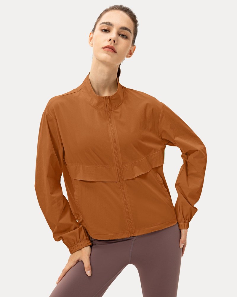 Locachy Women's Lightweight Zip Up Athletic Jacket Stand Collar Windproof Sun Protection Workout Outdoor Jacket Brown L