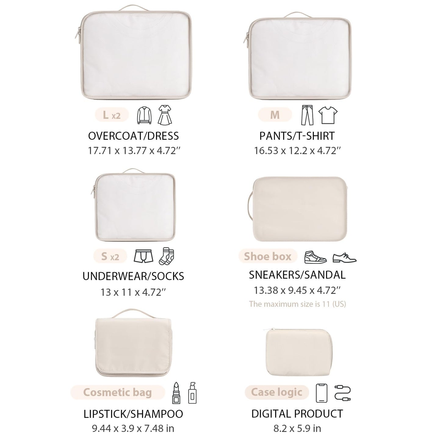 DIMJ Packing Cubes for Travel - 8 Pcs Lightweight Travel Cubes for Packing, Mesh Travel Packing Cubes Travel Packing Organizers with Large Toiletries Bag (Beige)