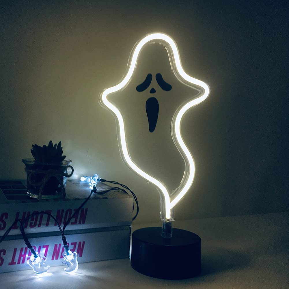 Halloween Ghost Neon Sign, Spooky White Ghost Novelty Light Table Decor, USB or Battery Powered Halloween Light for Bedroom, Kitchen, Party Decorations