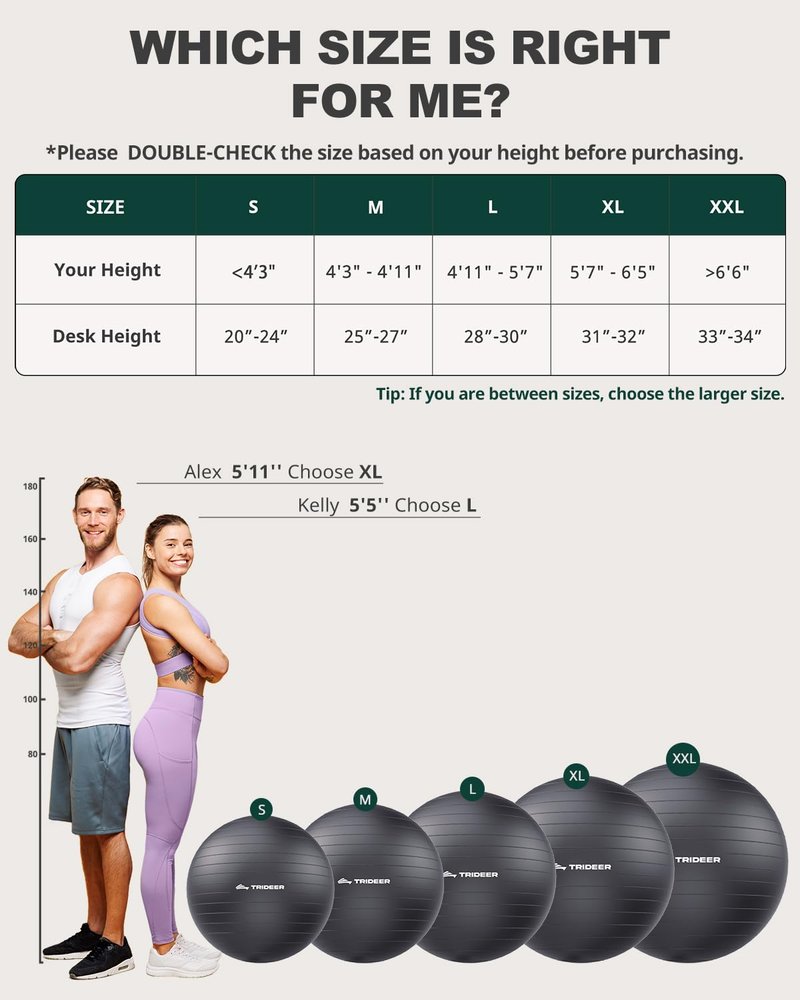Trideer Yoga Ball for Exercise, Pregnancy & Birthing, 5 Sizes Exercise Ball for Physical Therapy, Stability, Fitness, Quick Pump Included