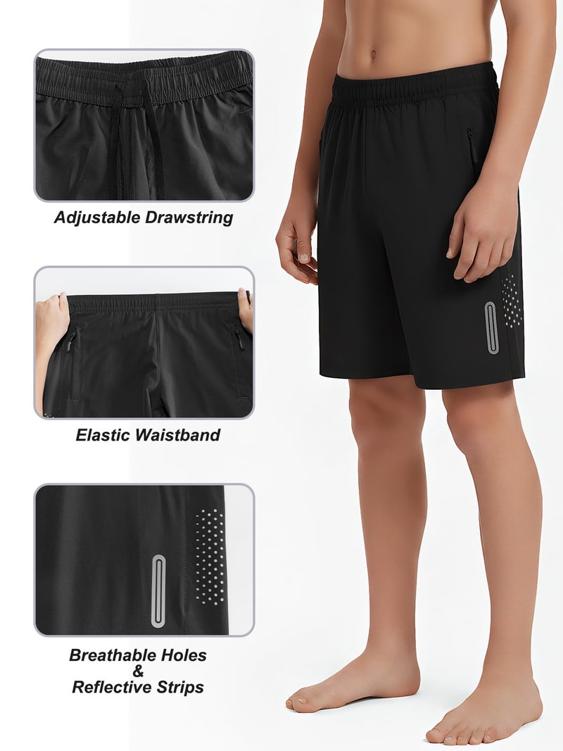 DEVOROPA Youth Boys Athletic Running Shorts Lightweight Quick Dry Sports Workout Gym Hiking Shorts Zip Pockets UPF 50+ Black XS