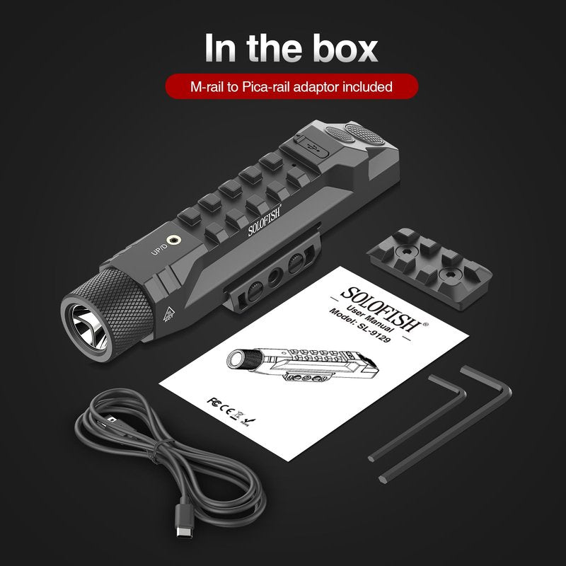 Solofish 1750 Lumens Green Laser Light Combo is Compatible with Picatinny/Mlok Rail for Rifle, Rechargeable Weapon Flashlight with Strobe/Momentary, with Power Level Indicator