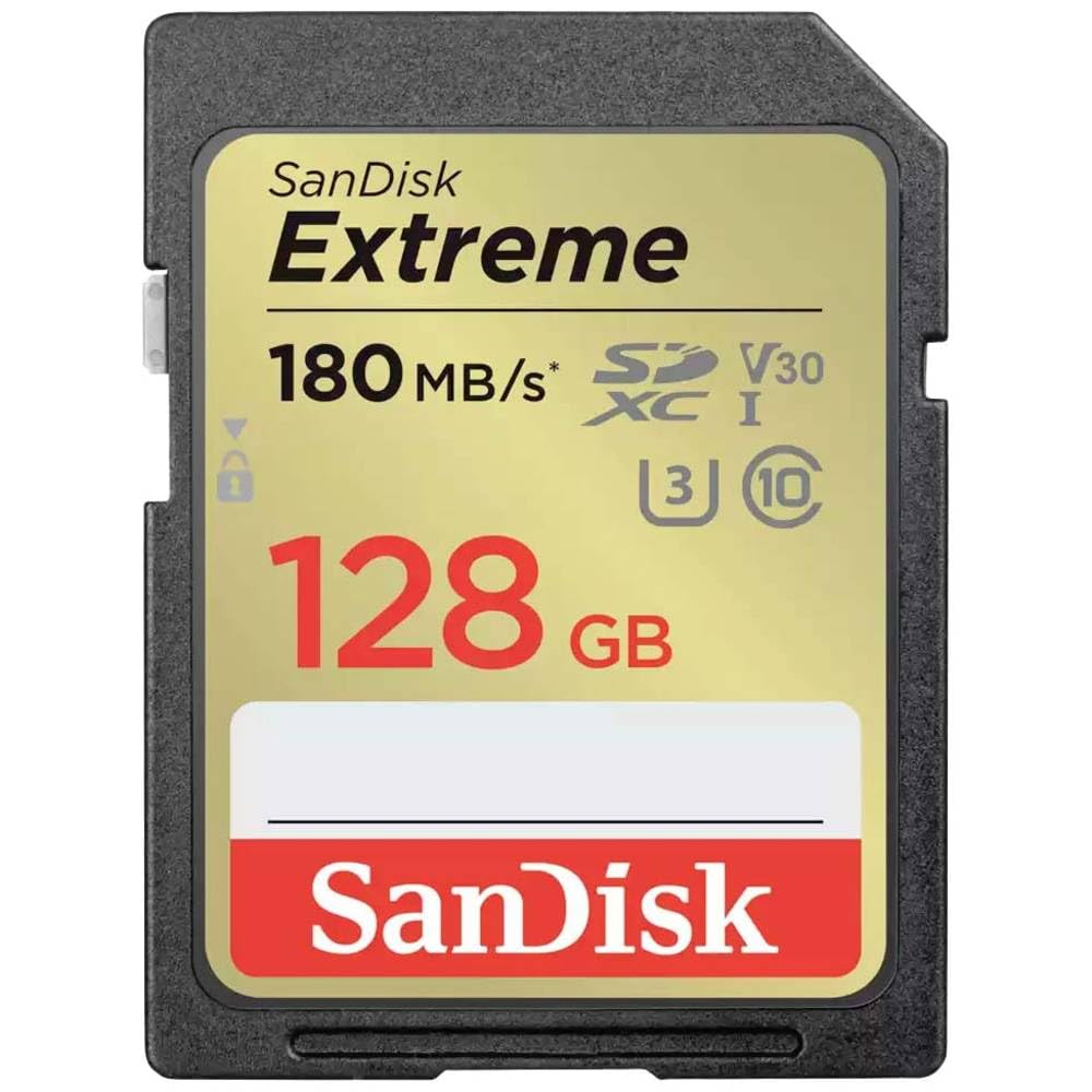 SanDisk 128GB Extreme SDXC card, SD card up to 180MB/s, V30 Memory card, UHS-I, Class, 10, U3, V30, RescuePro Deluxe data recovery software.
