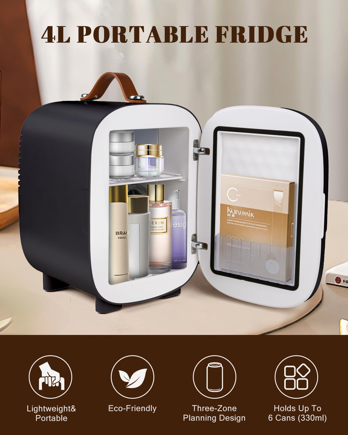 FANSEXPERT Mini Fridge for Bedroom, 4 Liter/6 Cans Skincare Small Refrigerator, AC/DC Portable Mini Cooler & Warmer, Small Fridge for Camping, Dorm, Office, Car (Black)