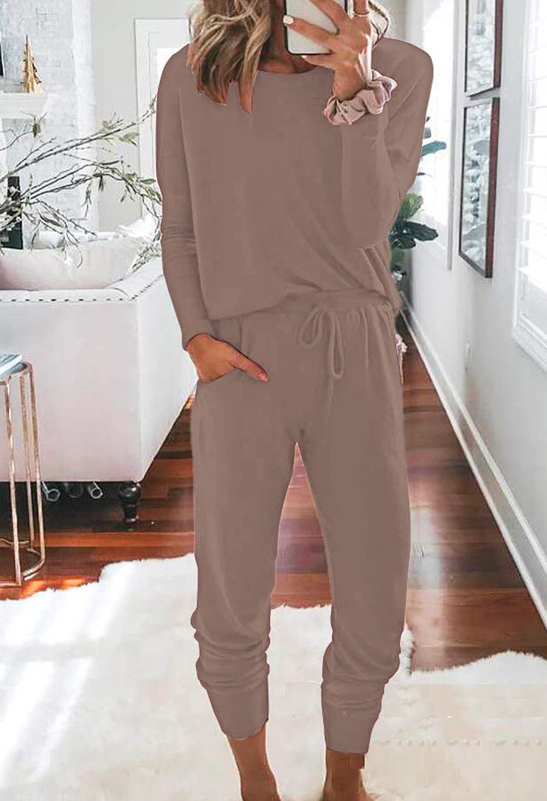 Fixmatti Women Casual 2 Piece Outfit Jogger Pant Set Sweatsuits Tracksuits Camel XL