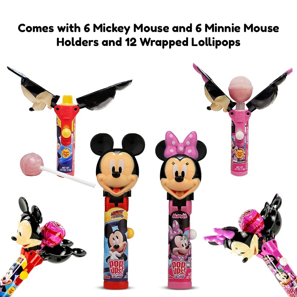 Pop Ups! Minnie & Mickey Mouse Lollipop Holder - 12 Lollipops with Cases - Individually Wrapped Candy Party Favors - Mickey Mouse Candy - Bulk Set of 12
