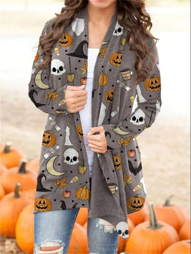 BOUTIKOME Women's Halloween Cat Pumpkin Cardigan Long Sleeve Open Front Knit Outwear Coat Plus Size Knitting Sweater Top(Gray, XL)