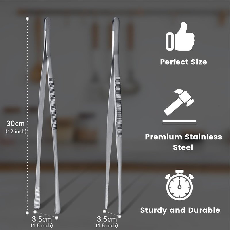Kitchen Tweezers Stainless Steel Fine Kitchen Tongs for Cooking, Extra-Long Kitchen Tweezers Food Tongs, Set of 2-12inch