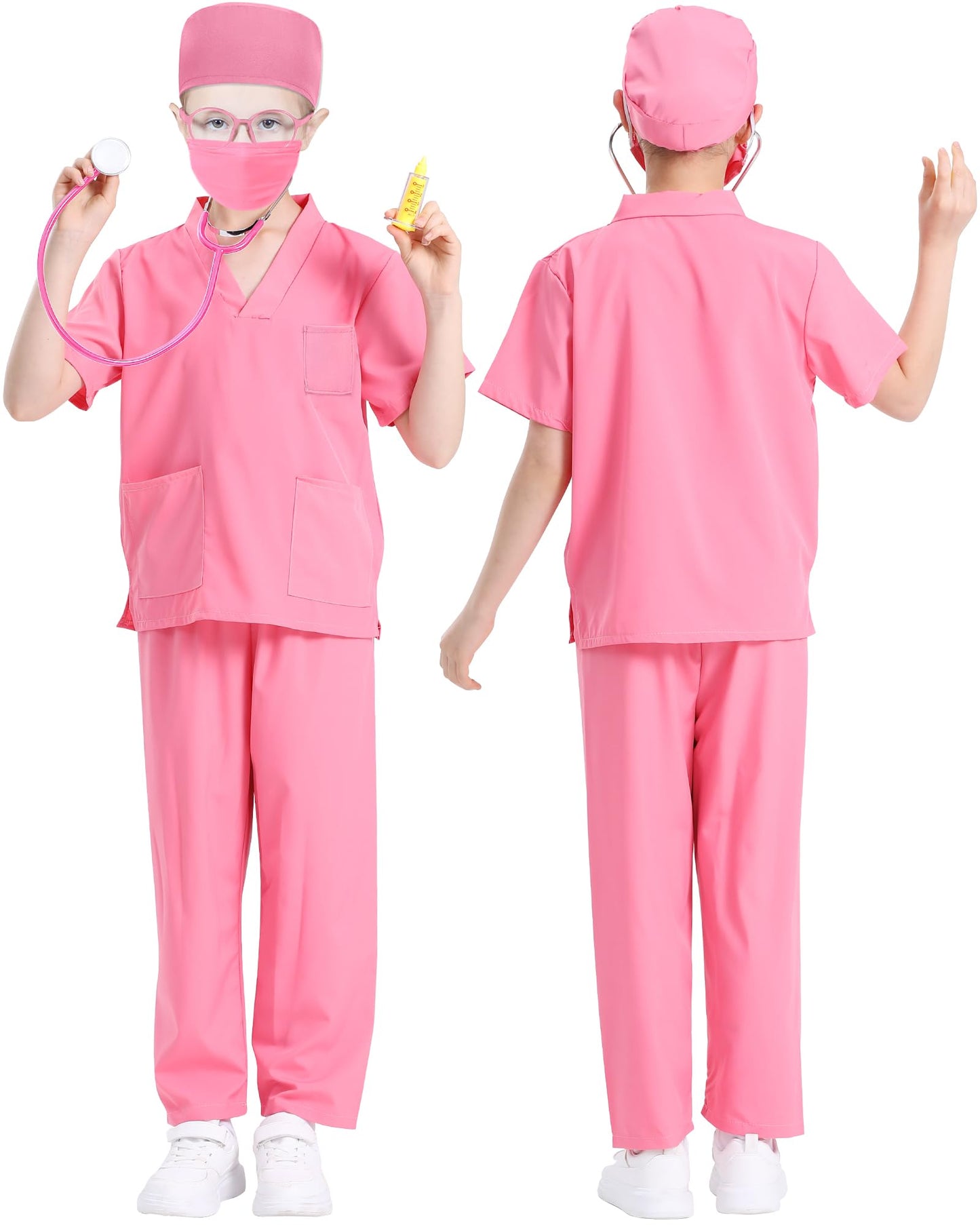 ICECUTE Doctor Scrubs for Kids,7 Pcs Scrubs Costume with Accessories,Halloween Costume for Boy Girls,3-11 Years (Pink, 10-11Years)