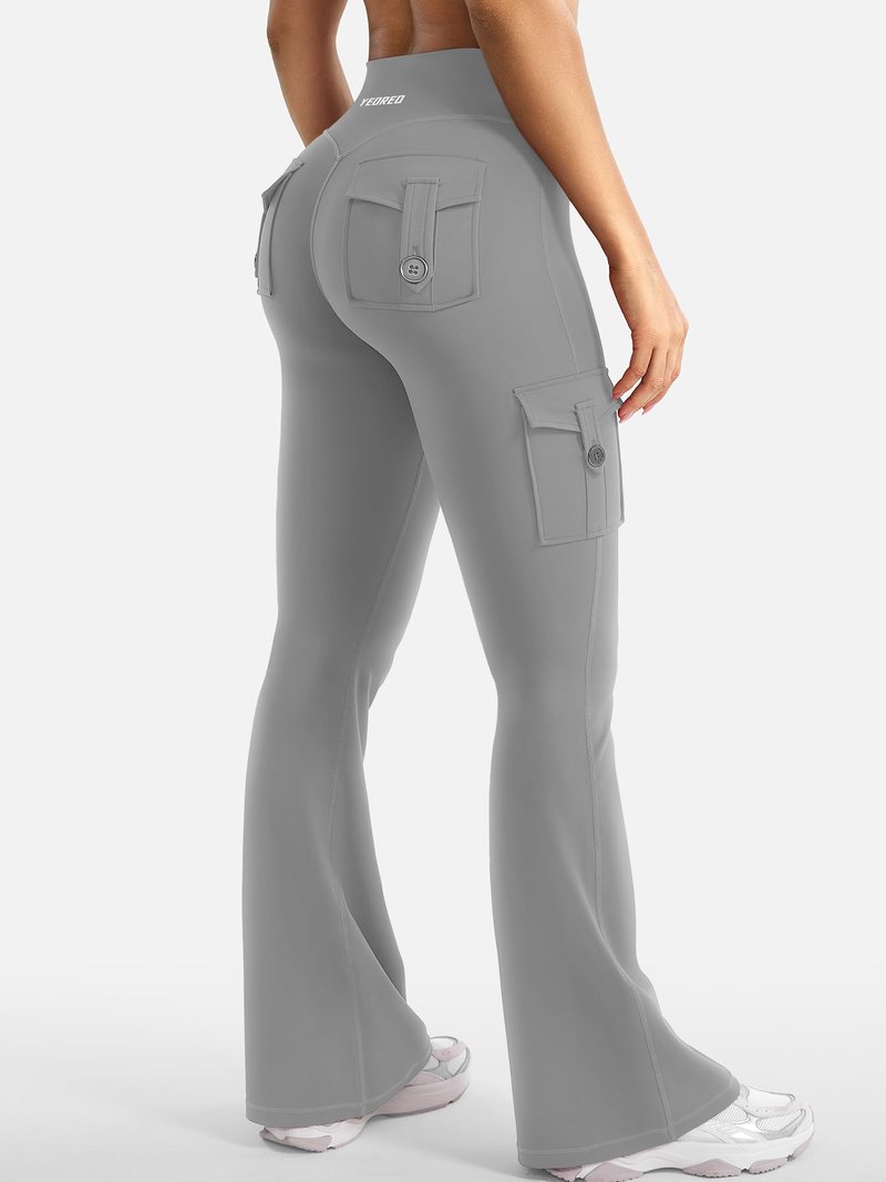 YEOREO CoreFlex Women Workout Flare Leggings with Pockets Hidden Scrunch High Waisted Cargo Gym Yoga Leggings Light Grey S
