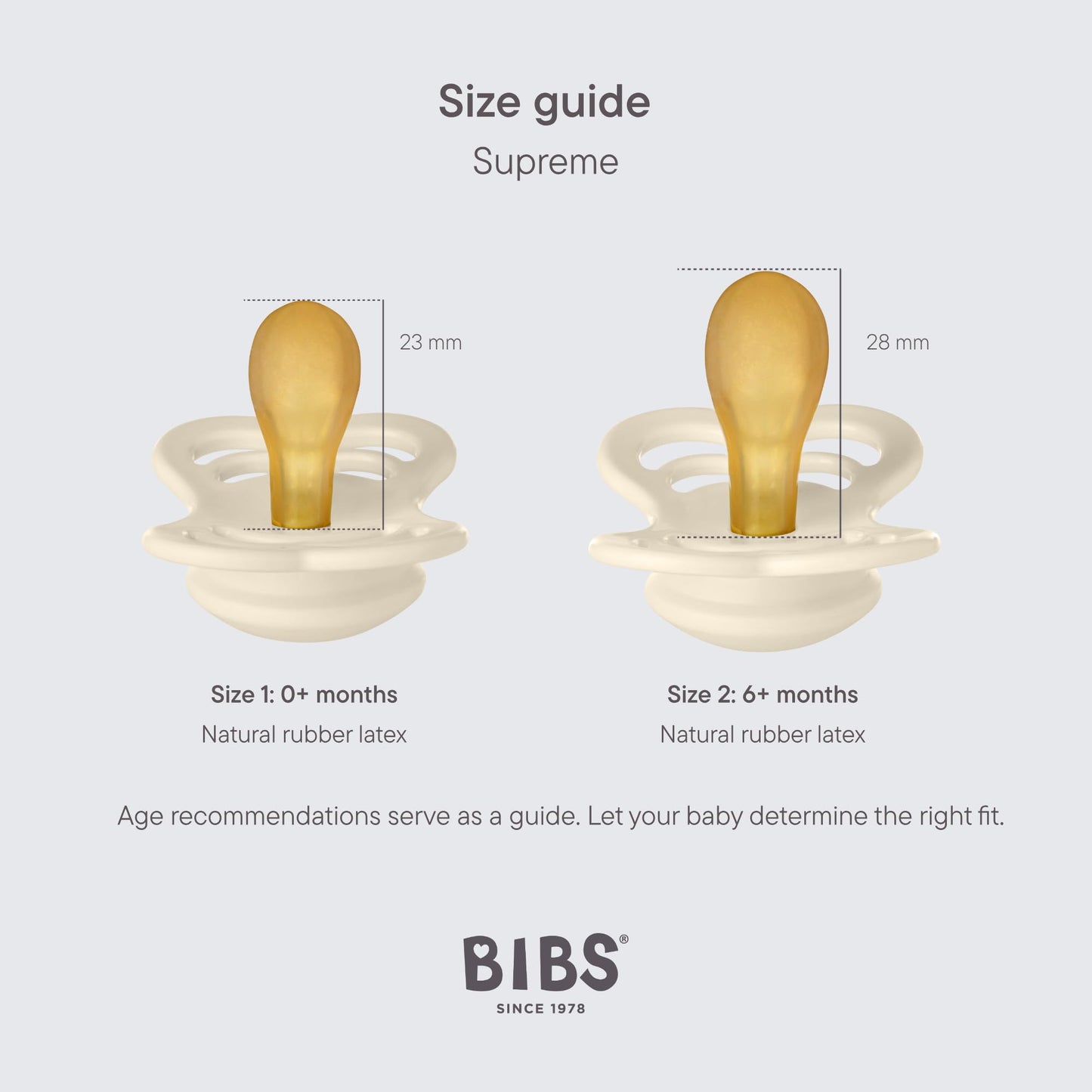 BIBS Supreme Baby Pacifier 2-Pack | Made in Denmark | BPA Free Dummy Soother, Symmetrical Nipple. Natural Rubber Latex, Size 1 (0-6 Months), Ivory / Blush