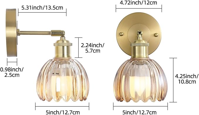 Vintage Battery Operated Wireless Wall Sconces, Rechargeable Gold Wall Lights,Amber Tulip Glass Lampshade With Remote Dimmable Wall Lighting Indoor, Led Wall Lamp Fixtures For Bedroom, Living Room