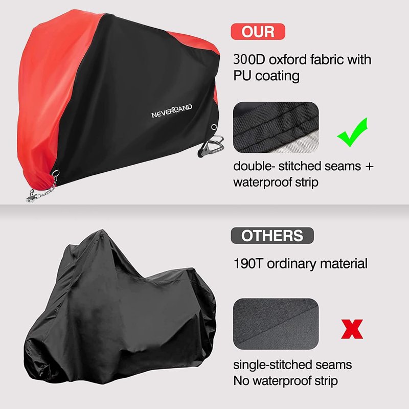 NEVERLAND Motorcycle Cover Waterproof Outdoor - All Season Scooter Covers Heavy Duty with 2 Lock-Holes, Bandage & Storage Bag Fits Most Motorcycles, Scooters, Dirt Bikes, Sportbikes (Up to 86”)