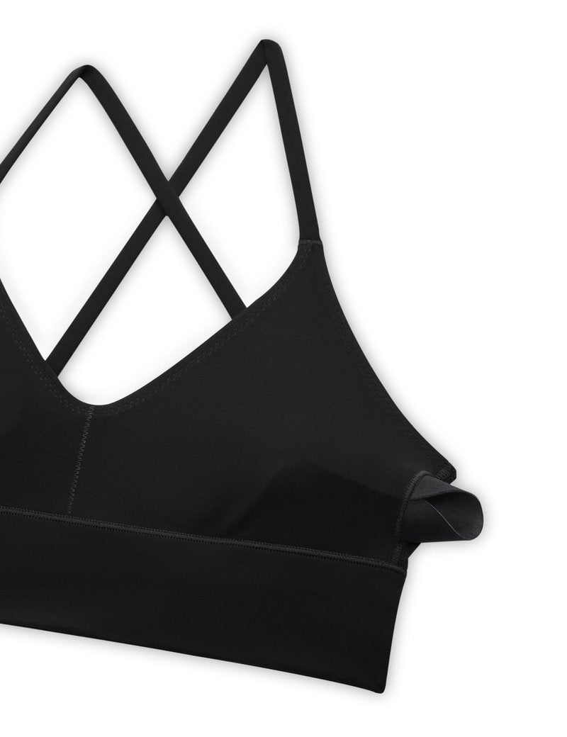 CRZ YOGA Butterluxe Thin Straps Cross Back Longline Sports Bras for Women - Padded V Neck Yoga Crop Top Black Large