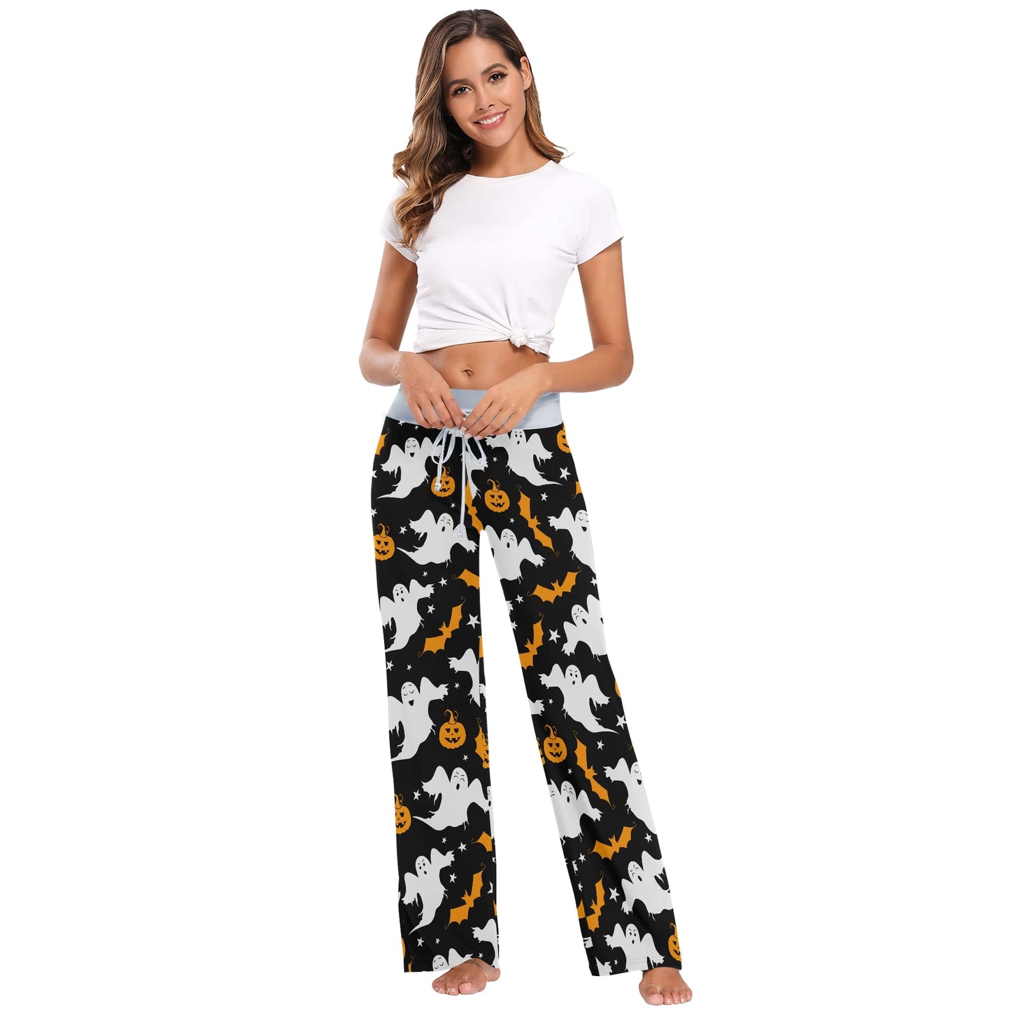 Fisyme Pumpkin Ghost Halloween Pajama Pants for Women Soft Comfy Pjs Bottoms Drawstring Wide Leg Lounge Jogger Yoga Sweat Pants Sleepwear