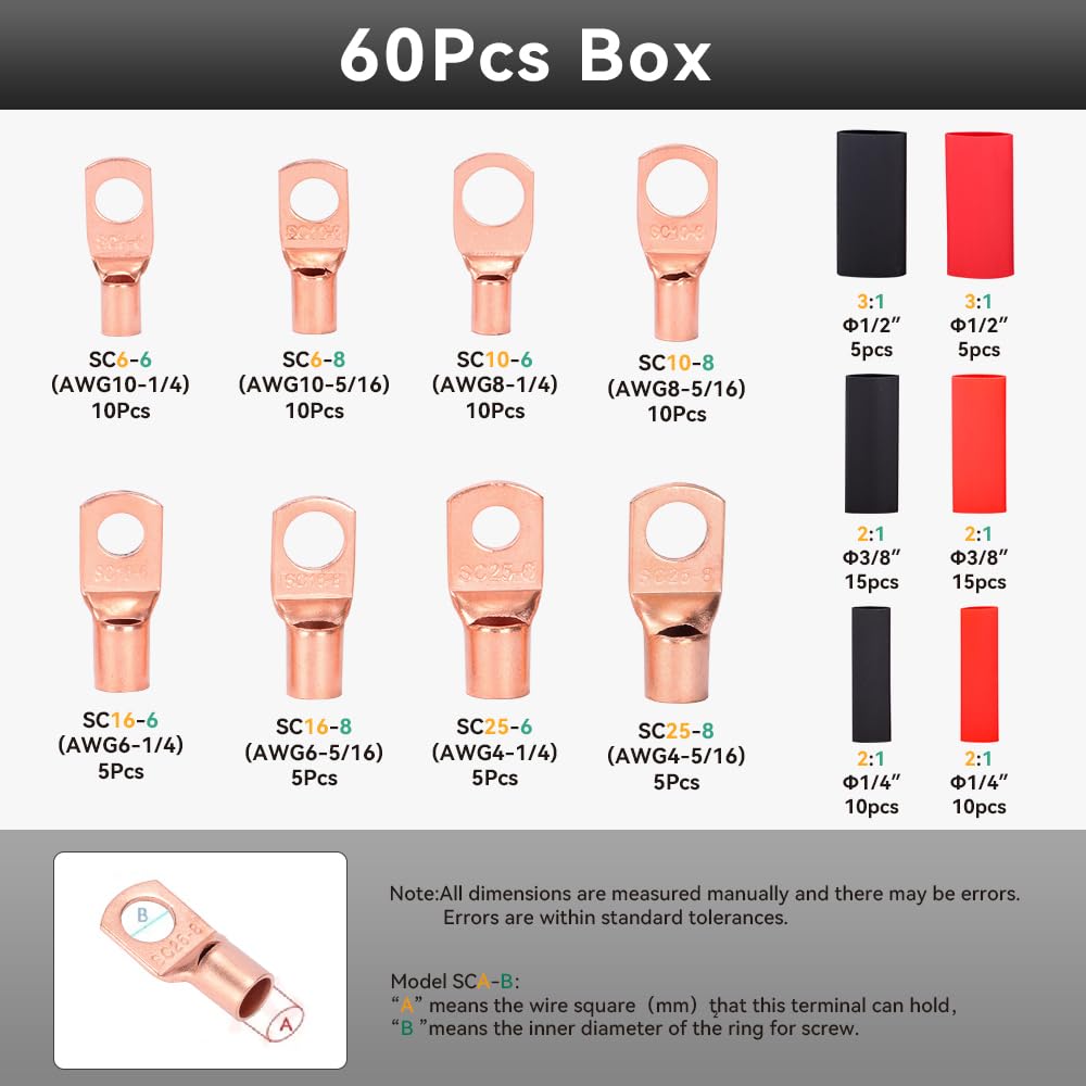 HKS Battery Cable Lug Crimping Tool 10-1 AWG, 60Pcs Copper Ring Terminals & 60Pcs 3:1 Heat Shrink Tubing, Heavy Duty Wire Crimper Set for Battery Cables