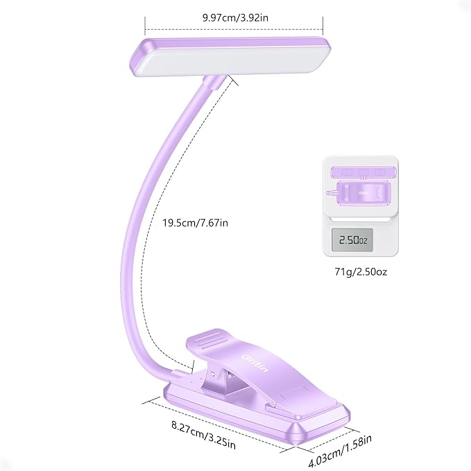 Gritin 19 LED Rechargeable Book Light for Reading in Bed with Memory Function- Eye Caring 3 Color Temperatures,Stepless Dimming Brightness,80 Hrs Runtime Clip on Light for Book Lovers-Purple