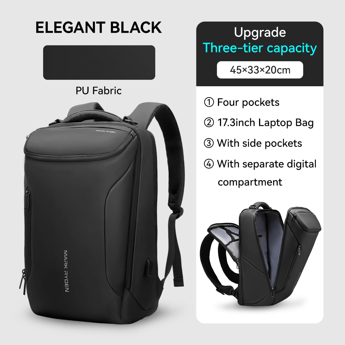 MARK RYDEN mens backpack Large Capacity waterproof laptop backpack business men with USB Charging Port for Official Travel Hiking Pack Fits Under 17.3 Inch Laptop