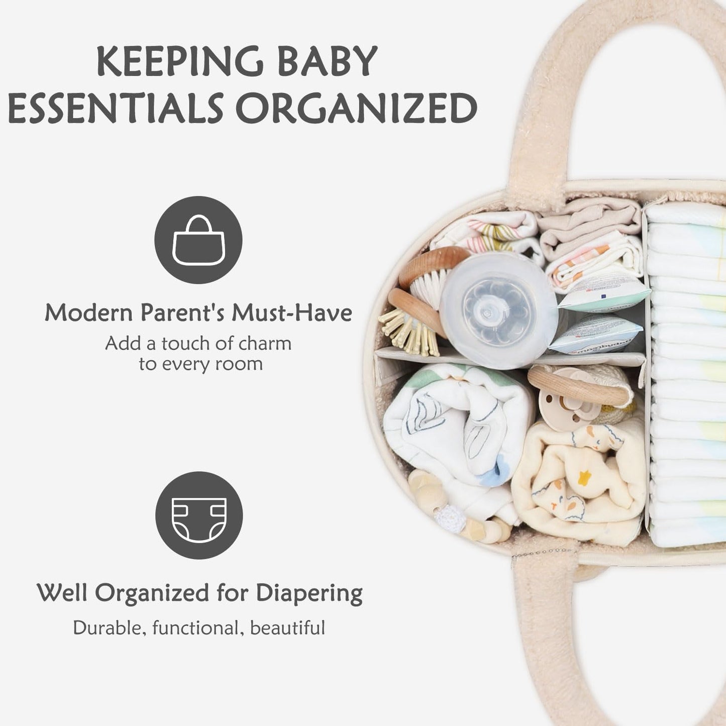 CLYMENE Baby Diaper Caddy Organizer, Nursery Storage Basket for Diapers and Wipes - Newborn Changing Table Essentials, Baby Gift Registry for Baby Shower - Diaper Tote Bag for Car Travel - Ivory