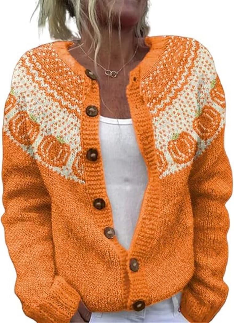 Beopjesk Women's Funny Fall Long Sleeve Halloween Autumn Leaves Button Knit Cardigan Sweater Vintage Knitted Outerwear (Halloween-Orange-1,S)