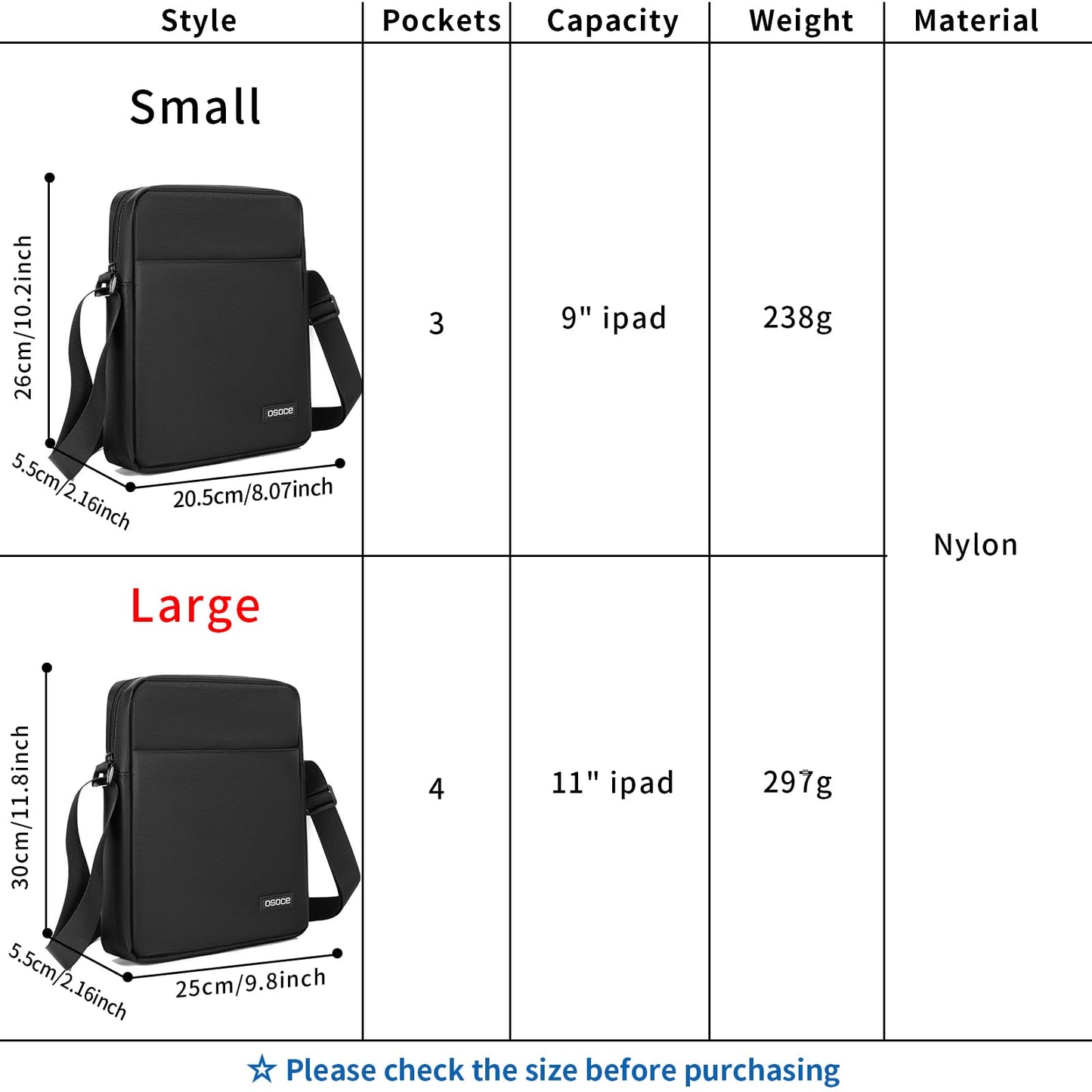 OSOCE Mens Shoulder Bag Messenger Man Bag Travel Business Crossbody Pack Chest Sling Bag Satchel Side Phone Bag Casual Handbag with Adjustable Strap for Men Working Daily Black