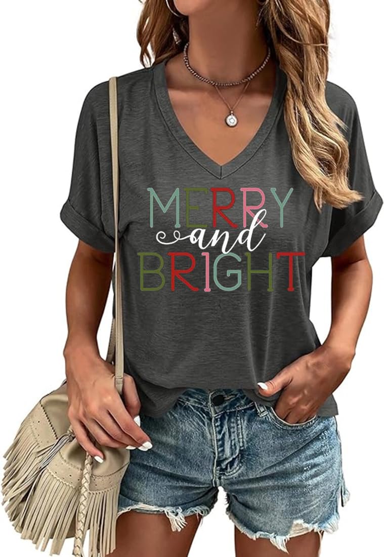 Womens Merry and Bright Christmas V Neck T Shirt Coloful Letter Printed Graphic Tee Xmas Holiday Casual Winter Tops(M,Grey-Bright)