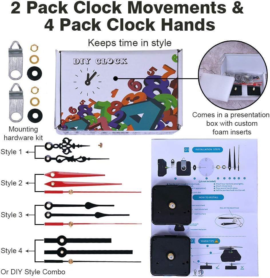 EMOON 2 Pack Silent Sweep Quartz Clock Movement Mechanism with 4 Hands, DIY Repair Replacement for Custom Clocks (Shaft Length 5/8 in)