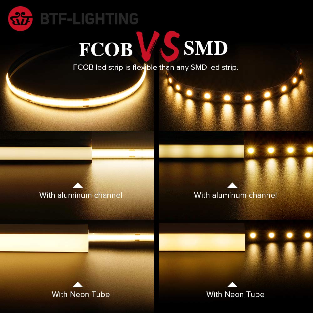 BTF-LIGHTING COB LED Strip Light 5M 528LEDs/m FCOB Dimmable Light Uniformity Flexible High Density Warm White 24V 10mm Width LED Tape for Bedroom Kitchen Home Interior Decoration(Only LED Strip)