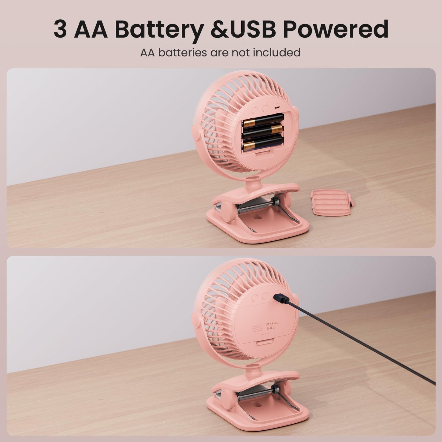 AA Battery Operated Clip-On Fan with Aroma, 4 Speeds, 5-inch Small Personal Fans for Baby Stroller, USB Powered, Quiet, 360° Rotation for Desk/Dorm/Camp/Golf Cart, Portable Home/Office/Bed Use