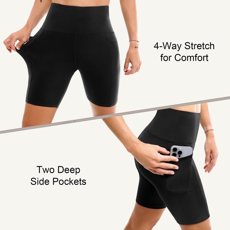 Leafigure 2 Pack Womens Biker Shorts with Pockets, High Waisted Tummy Control Yoga Shorts for Women Running Gym and Workout Black/Pink L-XL