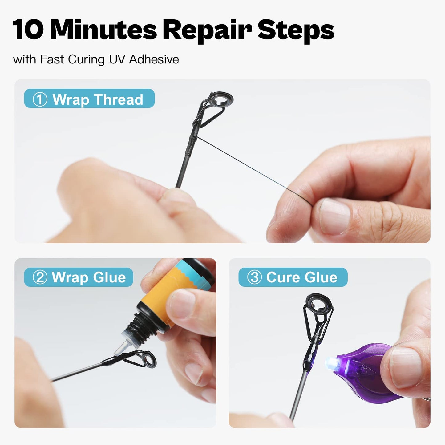 OJYDOIIIY Fishing Rod Tip Repair Kit with Glue, 10 Tangle Free Stainless Steel Rod Tip Eyelets Replacement Parts with UV Curable Resin Finish