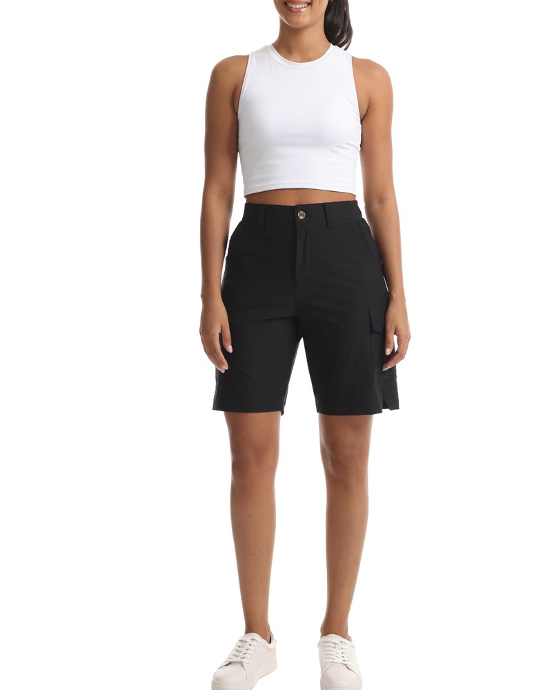 Yoglegins Women's Lightweight Hiking Cargo Shorts for Running Athletic Camping Travel Golf - Water Resistant with 5 Pockets (Black, X-Large)