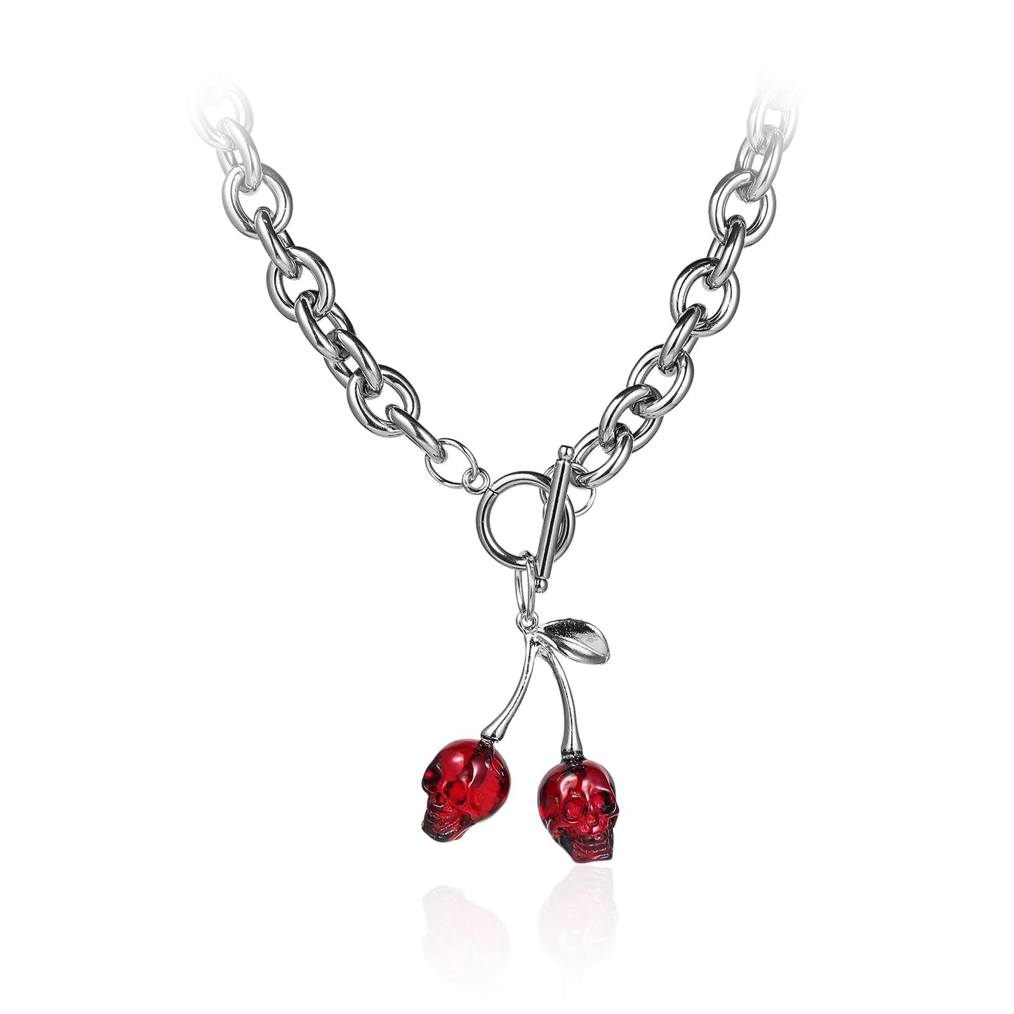 Dark Red Cherry Skull Chokers for Halloween Harajuku Men Necklace Geometric Pendant Ot Buckle Punk Gothic Street Silver Color Chain Choker Skeleton Necklaces Costume Prom Party Earrings(Skull)