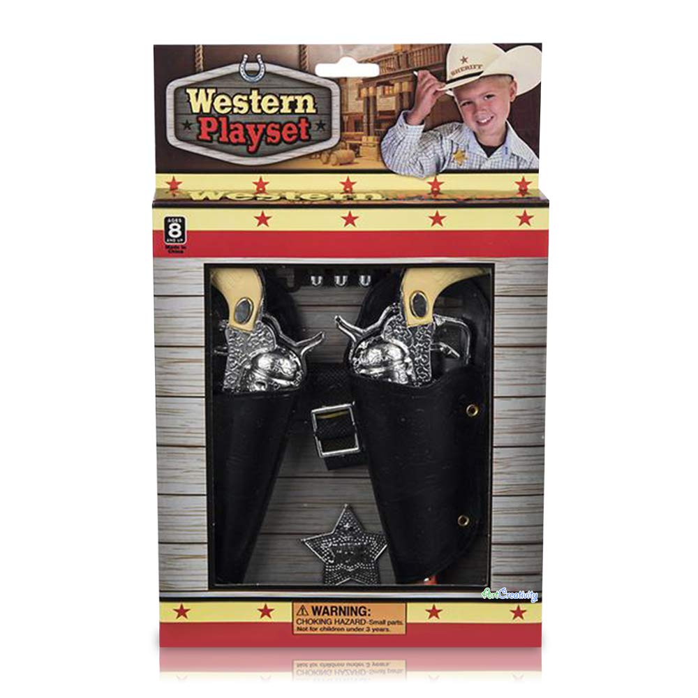 ArtCreativity Cowboy Toy Gun Holster and Belt 9 Piece Set for Kids. 2 Toy Pistols, 1 Sheriff Badge, 2 Gun Holsters, and 3 Play Bullets, 1 Adjustable Belt, Old Western Action Belt for Sheriff