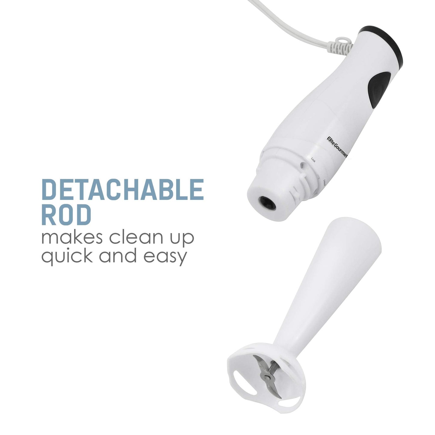 Elite Gourmet EHB-2425X Electric Immersion Hand Blender Stick, Mixer, Chopper, 1-Touch Control Multi Purpose, 150 Watts, For Soups, Sauces, Baby Food, White