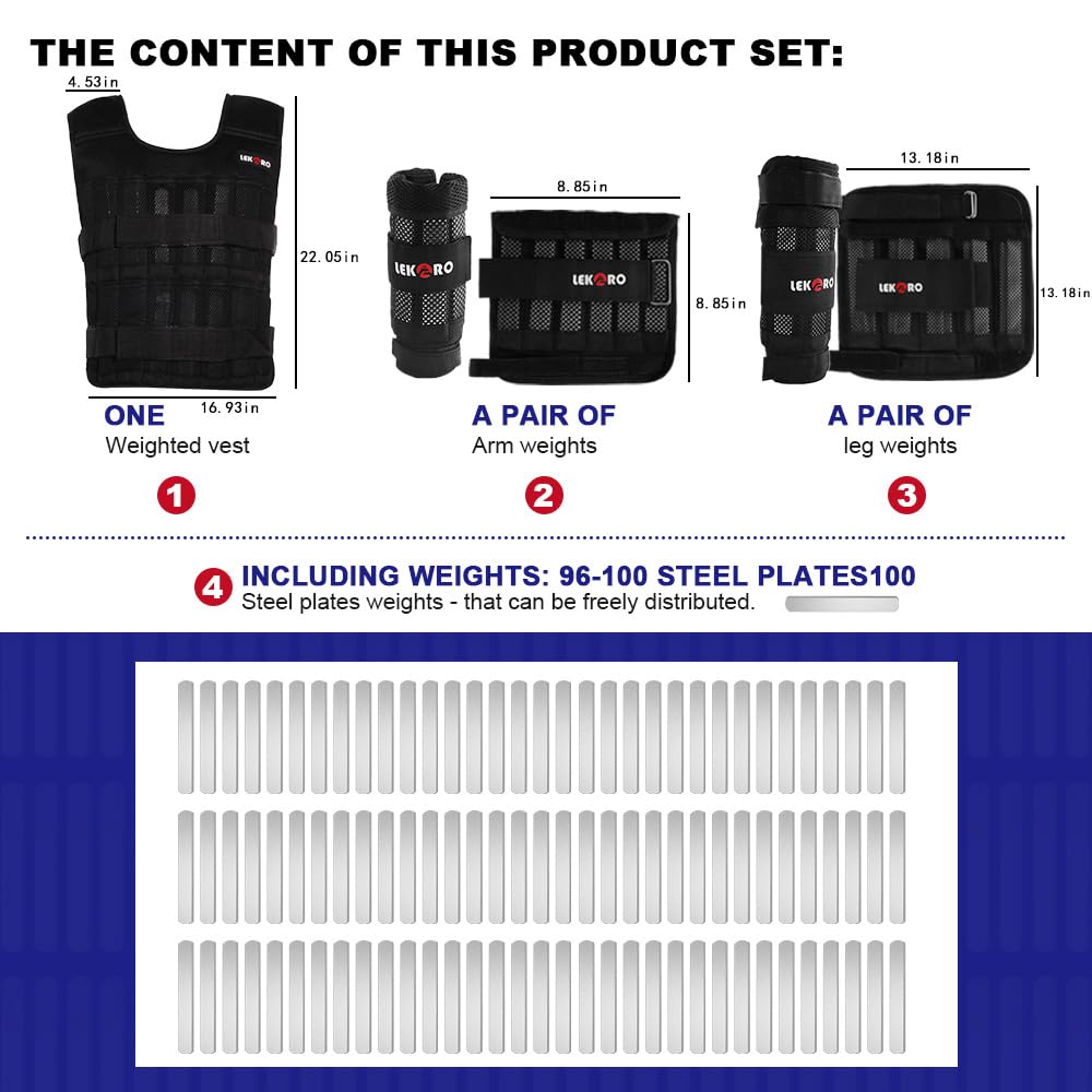 Adjustable Weighted Vest Set with Arm Weights and Leg Weights, Weight Training Workout Set, Weights Jacket & Wrist Weights & Ankle Weights (Including Weights: 96-100 Steel Plates)
