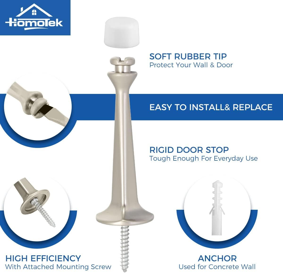 HOMOTEK 4 Pack Heavy Duty Solid Rigid Door Stop with Soft Rubber Tip, Zinc Die Cast Door Stopper Protect Wall & Door, Satin Nickel